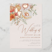 水彩春コーラルピーチピンクフローラズ 箔招待状 (正面)