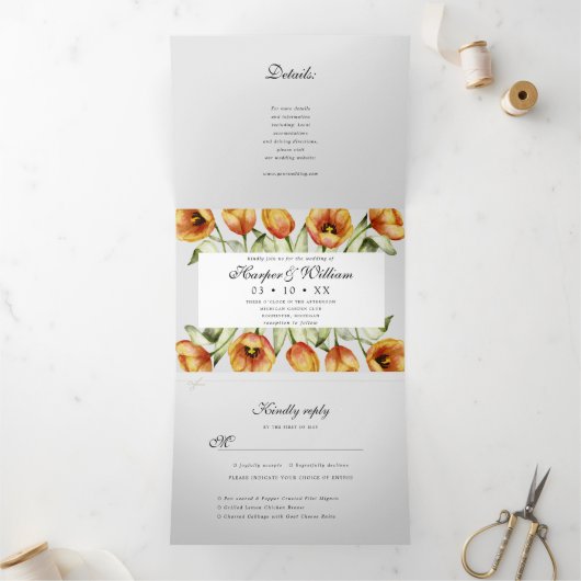 水彩春チューリップすべて1つ 三つ折り招待状 (内部)