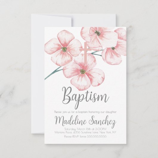 水彩春バプテスマフローラピンク献身 招待状 (正面)