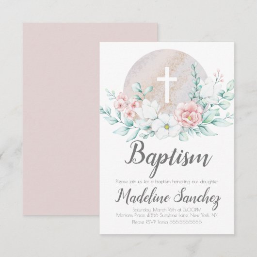 水彩春バプテスマフローラベビー献身 招待状 (正面/裏面)