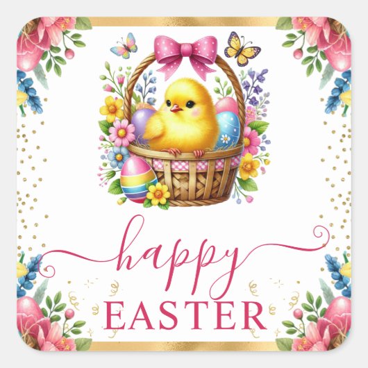 水彩春ヒックバスケットイースター スクエアシール (正面)