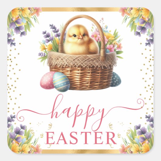 水彩春ヒックバスケットイースター スクエアシール (正面)