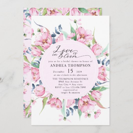 水彩春ピンクフローラブライダルシャワー 招待状 (正面/裏面)