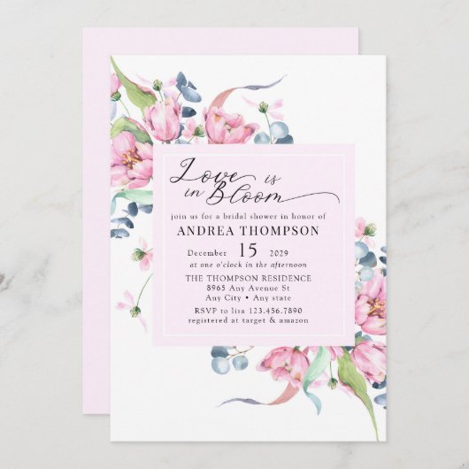 水彩春ピンク花の花嫁のシャワー 招待状 (正面/裏面)