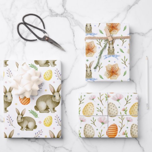 水彩春フラワーバニーエッグヴィンテージイースター ラッピングペーパーシート (正面)
