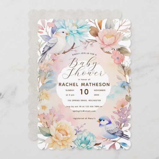 水彩春フローラと鳥の赤ちゃんシャワー 招待状 (正面/裏面)