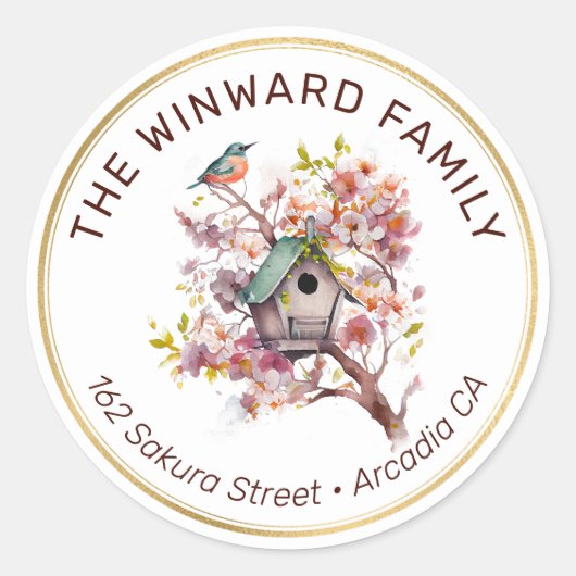 水彩春フローラバードハウスアドレス ラウンドシール (正面)