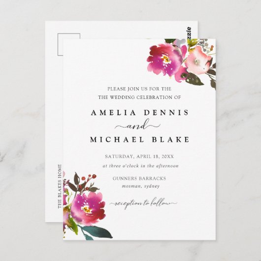 水彩春フローラ結婚式招待状 ポストカード (正面/裏面)