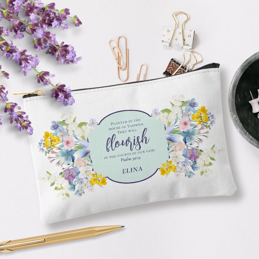 水彩春フローラ聖句パーソナライズされた アクセサリーポーチ