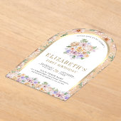 水彩春フローラ金ゴールドアーチ第1誕生日 アクリル招待状 (レイダウン)