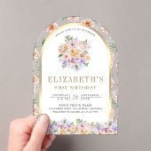 水彩春フローラ金ゴールドアーチ第1誕生日 アクリル招待状 (インサイチュ (ポータブル))