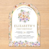 水彩春フローラ金ゴールドアーチ第1誕生日 アクリル招待状 (正面)