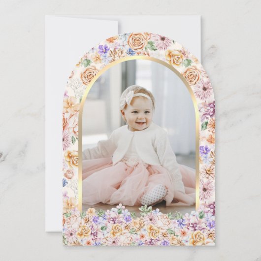 水彩春フローラ金ゴールドアーチ第1誕生日 招待状 (裏面)