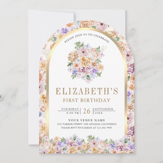 水彩春フローラ金ゴールドアーチ第1誕生日 招待状 (正面)