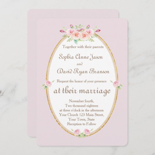 水彩春フローラ金ゴールド結婚式招待状 招待状 (正面/裏面)