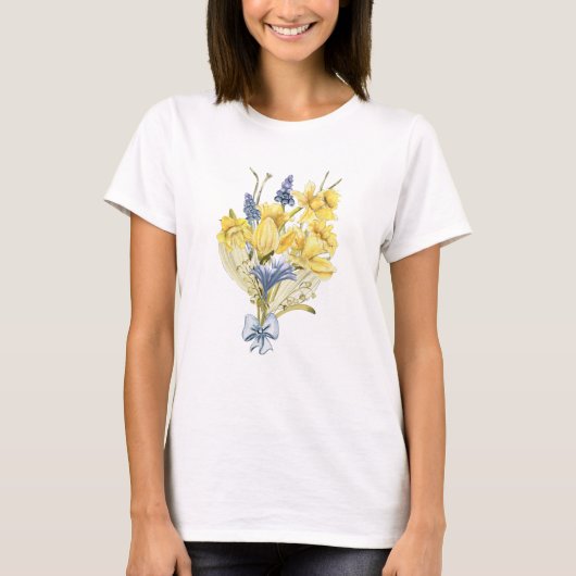 水彩春ブーケと黄色の水仙 Tシャツ (正面)