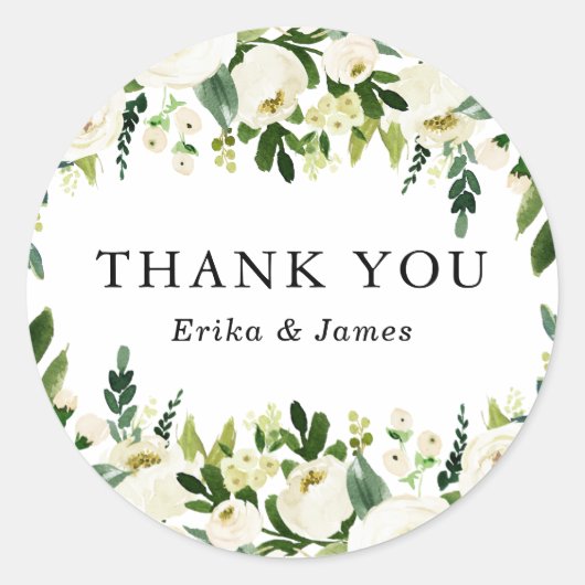 水彩春ホワイトフラワーズガーランド結婚ズ ラウンドシール (正面)