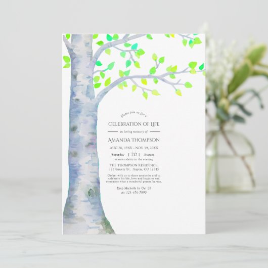 水彩春樺の木ツリーお祝いの生活 招待状 (スタンド正面)