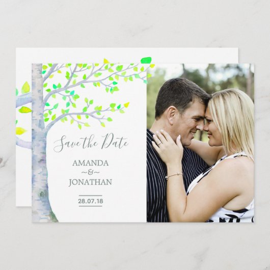 水彩春樺の木ツリー結婚式の日付を保存 セーブザデート (正面/裏面)