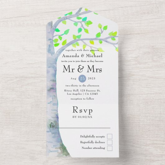 水彩春樺の木ツリー結婚式招待状 オールインワン招待状 (内側)