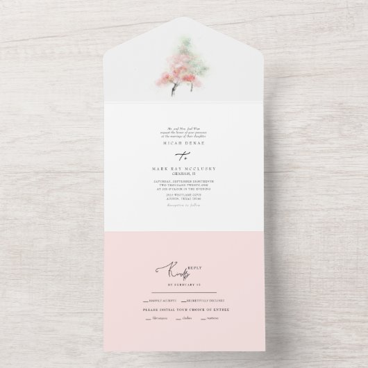 水彩春赤面と緑の木すべて1つのI オールインワン招待状 (内側)