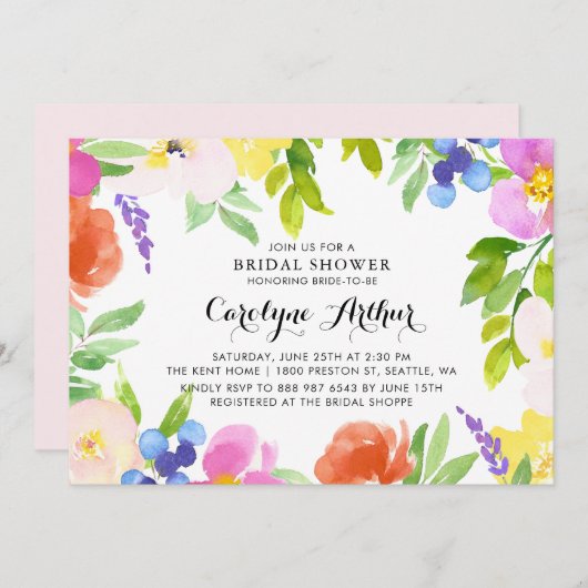 水彩春開花ブライダルシャワー招待 招待状 (正面/裏面)