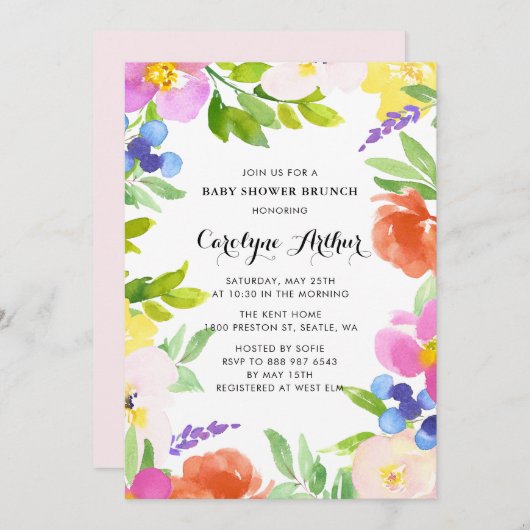 水彩春開花ベビーシャワーブランチ 招待状 (正面/裏面)