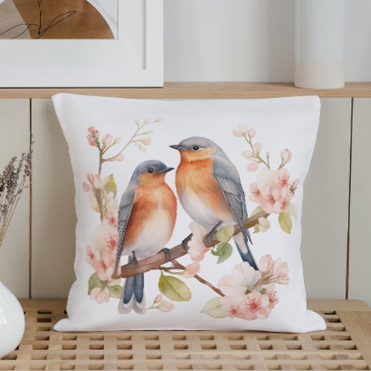 水彩春鳥類と開花 クッション
