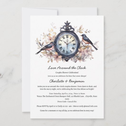 水彩時計回りのカップルシャワー 招待状 (正面)