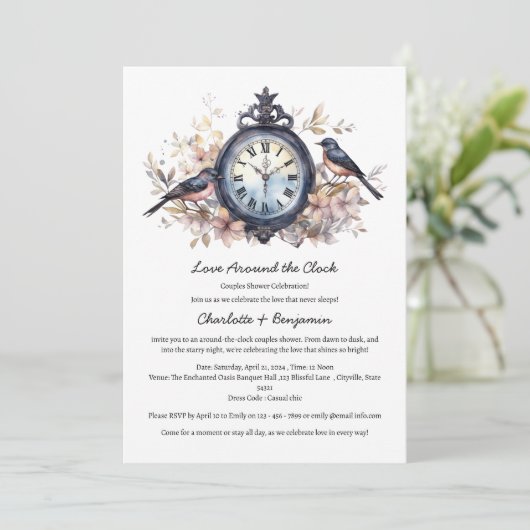 水彩時計回りのカップルシャワー 招待状 (スタンド正面)