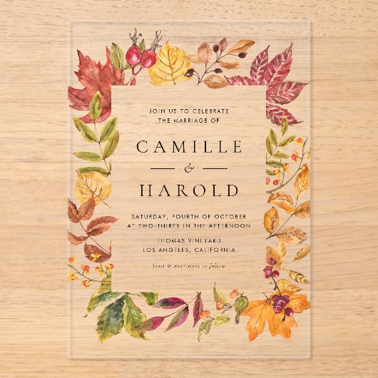 水彩暖かい紅葉のフレ結婚ーム アクリル招待状 (正面)