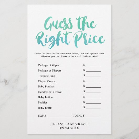 水彩書道は正しい価格のゲームを推測 (正面)