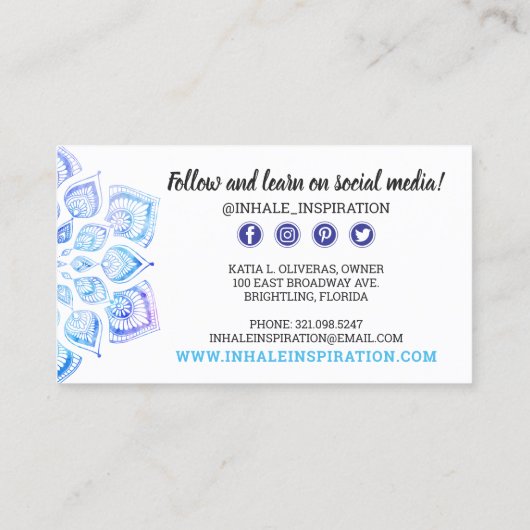 水彩曼荼羅形而上学的ヨガソーシャルメディア 名刺 (裏面)