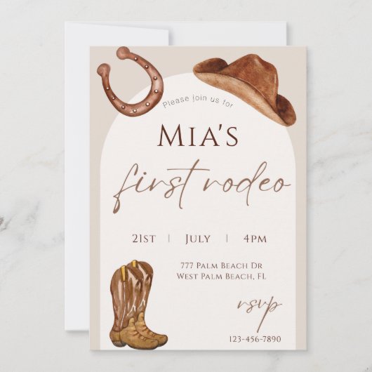 水彩最初のロデオ1歳の誕生日 招待状 (正面)