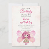 水彩最初の誕生日かわいい女の子バタフライ 招待状 (正面)