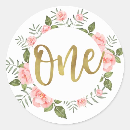 水彩最初の誕生日金ゴールドとピンクフローラ ラウンドシール (正面)