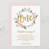 水彩最初の誕生日金ゴールドとピンクフローラ 招待状 (正面/裏面)