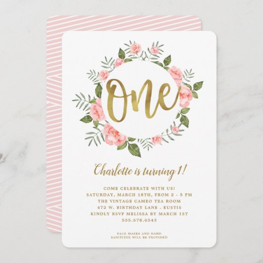 水彩最初の誕生日金ゴールドとピンクフローラ 招待状 (正面/裏面)