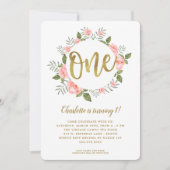 水彩最初の誕生日金ゴールドとピンクフローラ 招待状 (正面)