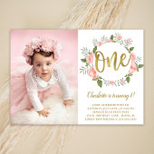 水彩最初の誕生日金ゴールドとピンクフローラ 招待状