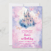水彩最初の1番目の誕生日の城と蝶 招待状 (正面)