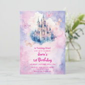 水彩最初の1番目の誕生日の城と蝶 招待状 (スタンド正面)