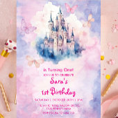 水彩最初の1番目の誕生日の城と蝶 招待状