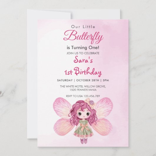 水彩最初の1番目の誕生日ピンクガールバタフライ 招待状 (正面)