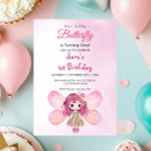 水彩最初の1番目の誕生日ピンクガールバタフライ 招待状