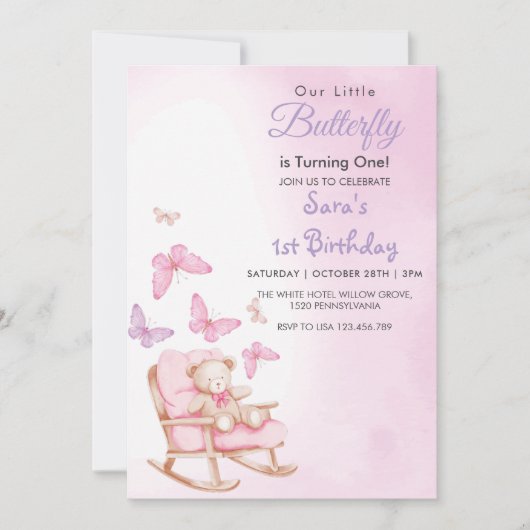 水彩最初の1st誕生日テディ&バタフライ 招待状 (正面)