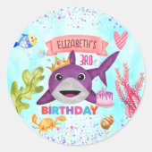 水彩最高の誕生日シャークバースデーパーティー ラウンドシール (正面)