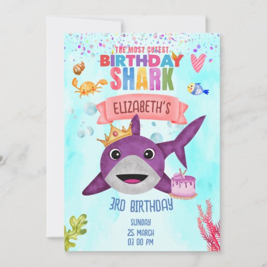 水彩最高の誕生日シャークバースデーパーティー 招待状 (正面)