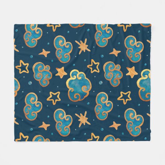 水彩月と星の縫い目のない模様  フリースブランケット (正面(横))