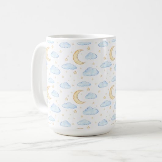 水彩月の星と雲のパターン コーヒーマグカップ (正面左)